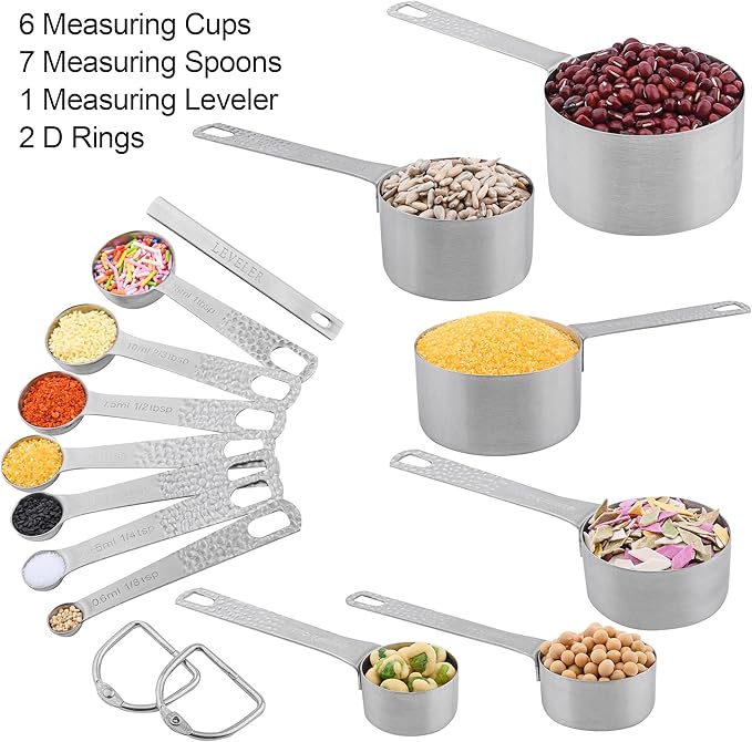 Measuring Cups and Spoons Set 14, 18/8 Stainless Steel Measuring Cups and Spoons Set for Baking & Kitchen, Metric & US Measure 6 Cups & 7 Spoons with Leveler