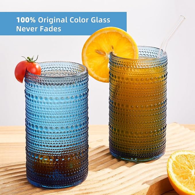 16oz Hobnail Drinking Glasses, Set of 6 Blue Tumblers | Vintage embossed large capacity highball glasses for water, cocktail, beer, whiskey, juice and bar use - Image 6