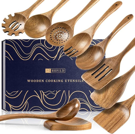Wooden Spoons for Cooking, 10-Piece Acacia Wood Utensil Gift Set | Spoons and spatulas stir, mix, flip and serve; gift-ready box makes it ideal for housewarmings, weddings and new kitchens. by HEFILD