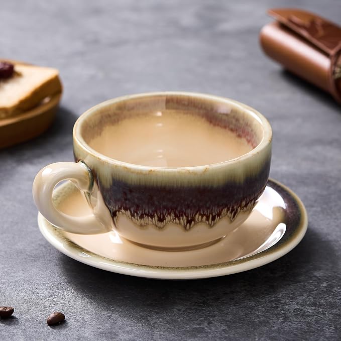 Coffeezone Vintage Design 12 oz Ceramic Latte Art Cappuccino Barista Cup with Saucer (Brown) - Image 6