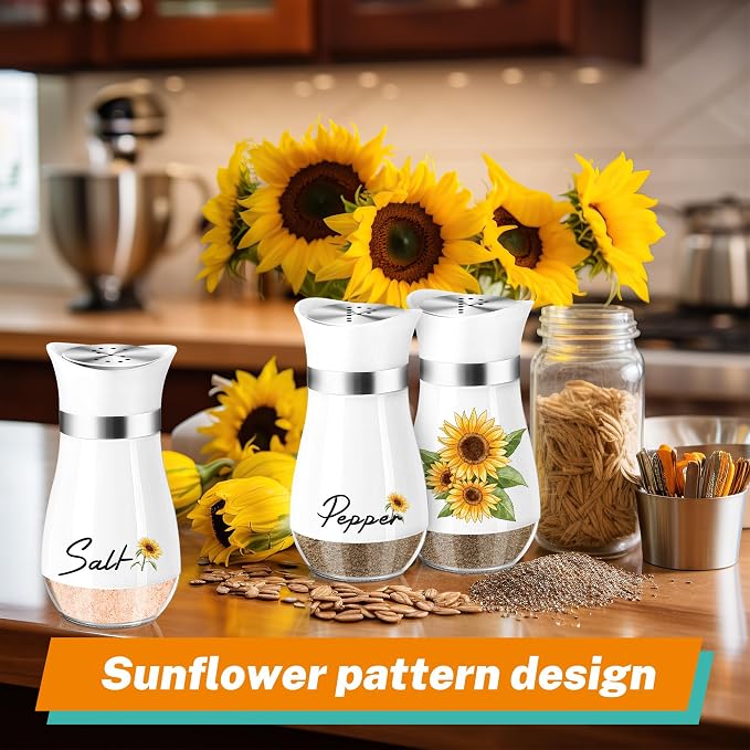Sunflower Salt and Pepper Shakers - 4 oz Refillable Glass Farmhouse Set | Sunflower Glass Shakers Add Farmhouse Charm to Kitchen Tables And Suit Housewarming Gifts, Thanksgiving And Christmas Decor. - Image 2