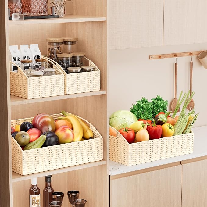 Pantry Baskets for Organizing, Wicker Storage Basket Beige | Handwoven Pantry Organizers and Storage with Built-in Handles, Laundryroom Organization Storage Bins for Snack Cans - Image 2