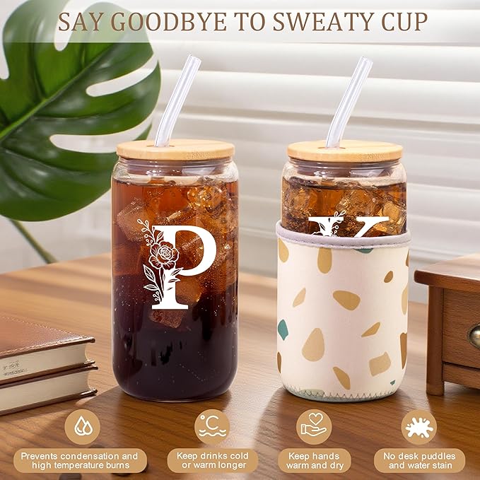 Personalized Gifts for Women, Monogrammed Gifts for Women, Initial 16 oz Glass Cups With Lids and Straws, Customized Mug, Personalized Birthday Gifts Christmas Gifts for Her Mom Friend Woman, P