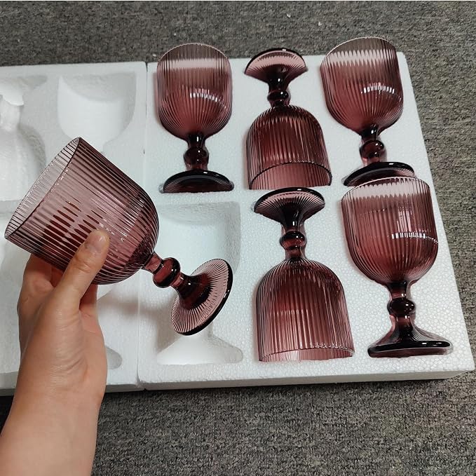 Taganov Purple Glasses Drinking Water Goblets set of 6 Colored Wine Glasses 13oz Pink Vintage Glassware for Wedding Party Bar Vertical Line Embossed Pattern Stemmed Cups 400ml - Image 5
