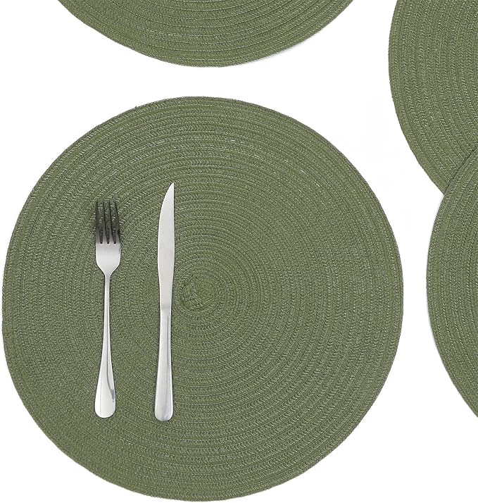 SHACOS Round Placemats Set of 12 Washable 15 inch Round Table Mats Cotton Polyester Woven Braided Place Mats for Dining Table Wedding Party Decor (Olive Green, 12) - Image 7