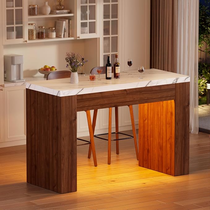 LED Bar Table with Smart RGB Lights,55" Faux Marble Counter Height Pub Dining Table,High Top Kitchen Island Table with Music Sync & Timer for Parties, Gatherings & Daily Use,Wood Base by Unknown
