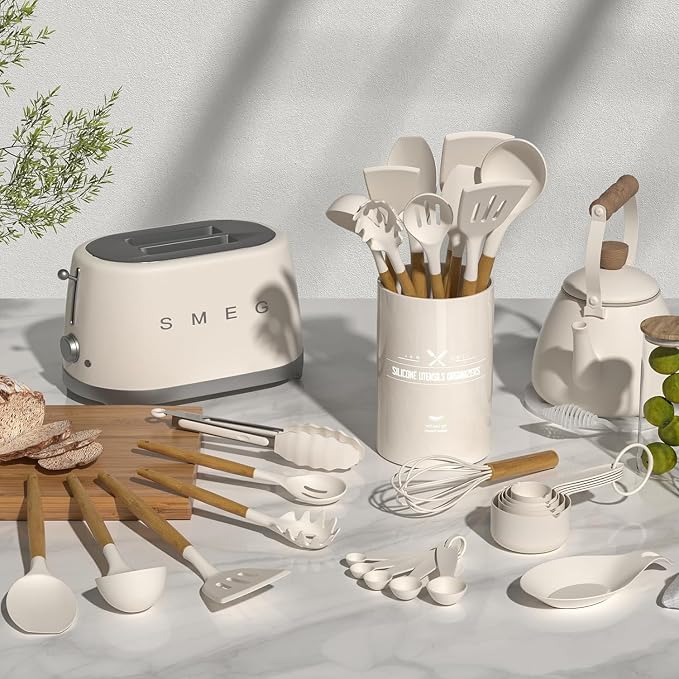 Umite Chef Kitchen Cooking Utensils Set, 33 pcs Non-Stick Silicone Cooking Kitchen Utensils Spatula Set with Holder, Wooden Handle Silicone Kitchen Gadgets Utensil Set (Khaki) - Image 2