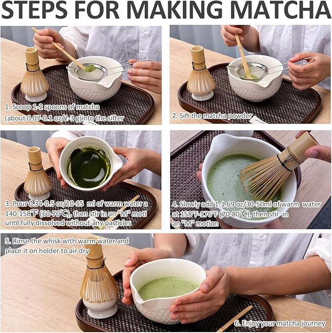 Joyscale Matcha Whisk Set, Matcha Set Whisk And Bowl, 8 Pcs Matcha Kit Set(Texture Design), 16 OZ, Japanese Matcha Tea Set, Matcha Making Kit Gifts for Tea Lovers(White)