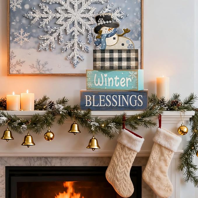 Moucuny 4 Pcs Winter Table Decorations Playful Snowman Decor Indoor Winter Tiered Tray Decor Rustic Wooden Decorative Snowman Block Sign Gift Snowflake Centerpiece Farmhouse for Home Kitchen - Image 8