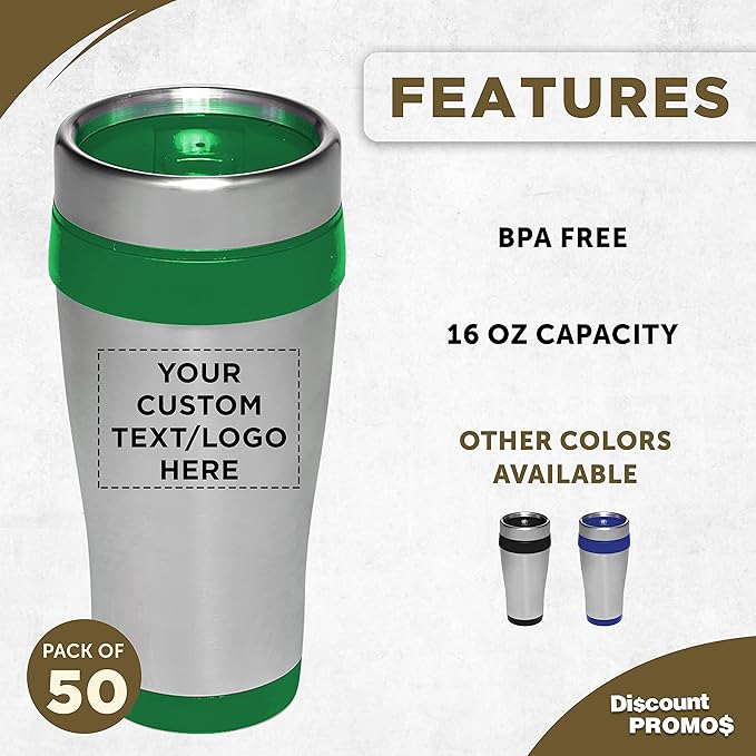 Custom Insulated Stainless Steel Travel Mugs 16 oz. Set of 50, Personalized Bulk Pack - Perfect for Coffee, Soda, Other Hot & Cold Beverages - Green