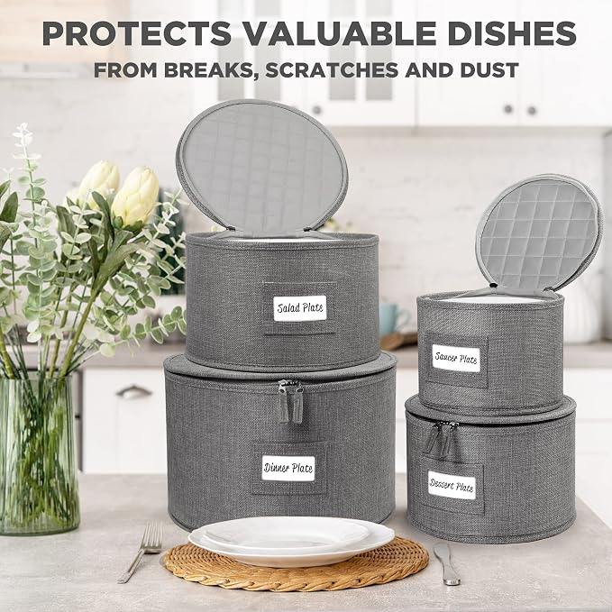 LotFancy China Storage Containers, Hard Shell, 4PCS Set, Dish Saucer Plate Storage Box for Moving, Stackable Dinnerware Organizer Bins with 48 Felt Dividers, Grey - Image 7
