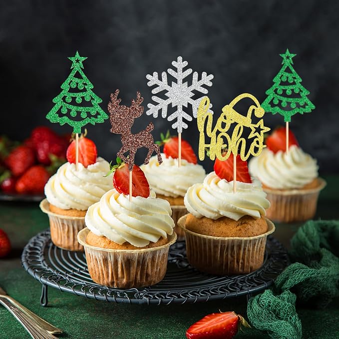 24 Pack Christmas Cupcake Toppers Xmas Tree Snowflake Cupcake Picks Christmas Eve Party Baby Shower Birthday Party Cake Decorations Supplies - Image 2