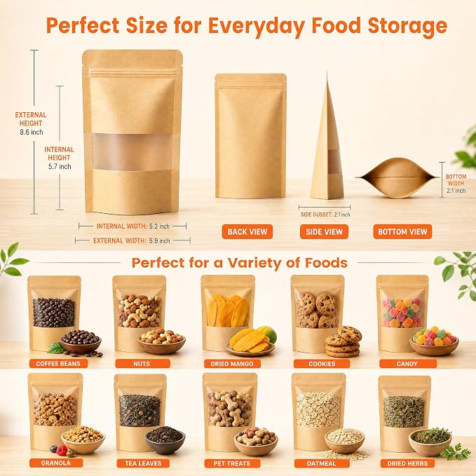 100 Pcs Kraft Paper Bags with Window, 6.3" x 8.6" Stand Up Pouches Bags, Food Storage Bags for Packaging Products, Reusable, Sealable - Image 2