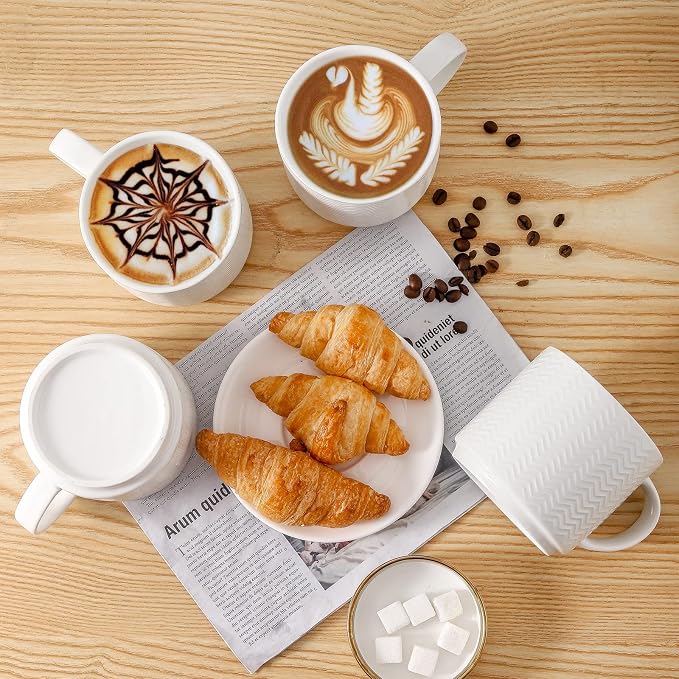 Hasense Coffee Mugs Set of 4 with Stand, 15 oz Porcelain Stackable Coffee Cups Set with handle for Tea, Latte, Milk and Cappuccino, White Embossed Tea Cups Set with Geometric Pattern for Men and Women - Image 2