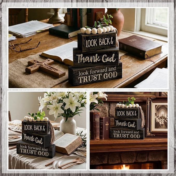 Moucuny 4 Pcs Farmhouse Table Decor Inspirational Wooden Signs Rustic Eucalyptus Leaves Wooden Block Sign Gift Thank and Trust God Farmhouse Table Centerpiece for Living Room Housewarming Gift - Image 6