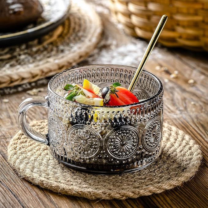 Gezzeny Vintage Glass Coffee Mugs 14 Oz Set of 2 Gray Embossed Tea Cups for Cappuccino, Latte,Cereal, Yogurt, Beverage Hot/Cold Mother's Father's Day Gifts - Image 3