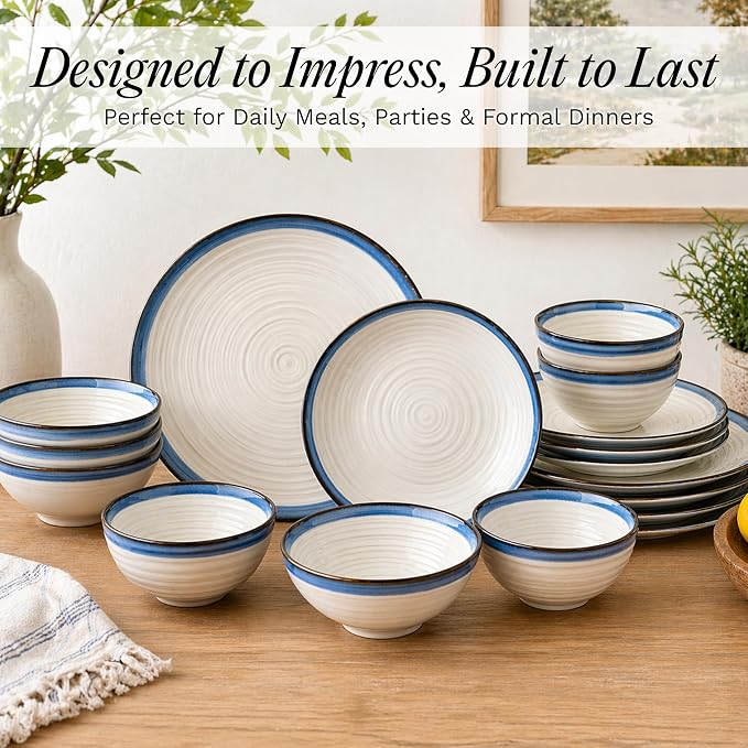 Sango Siterra Santorini 16-Piece Stoneware Dinnerware Set for 4, Ceramic White Plates and Bowls Sets with Blue Rim & Reactive Glaze, Chip Resistant Dish Set, Microwave & Dishwasher Safe Kitchen Dishes - Image 6