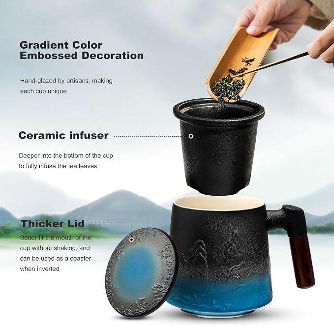 suyika Ceramic Tea Cup with Infuser and Lid, Gradient Embossed Large Tea Mug Wooden Handle for Steeping Loose Leaf, Tea Lover Gifts 15.2 oz / 450 ml,Black & Cyan - Image 3
