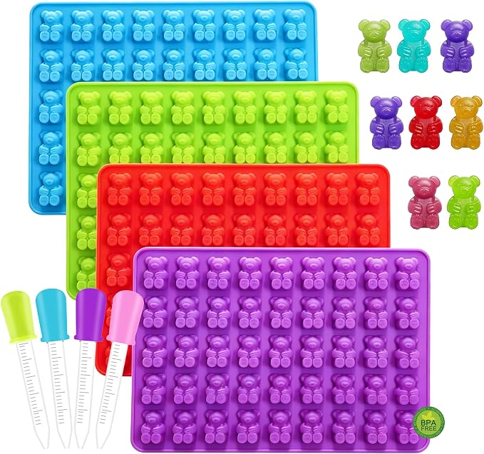 4 pcs Large Gummy Bear Molds 5 ML, BPA-FREE Silicone Chocolate Candy Gummy Molds with 4 Droppers，Non-stick and Bpa Free for Candy Chocolate Gummies Baking -140 Cavity by keliwa