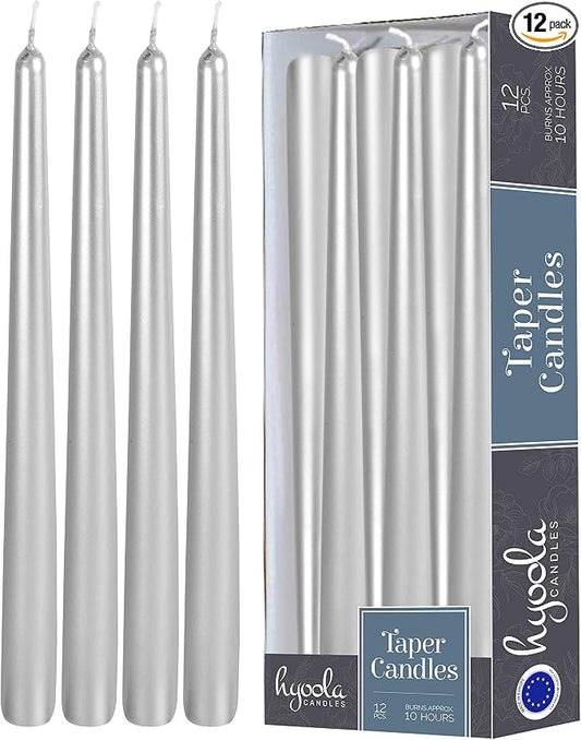Hyoola 12 Pack Tall Metallic Taper Candles - 12 Inch Silver Metallic, Dripless, Unscented Dinner Candle - Paraffin Wax with Cotton Wicks by Hyoola