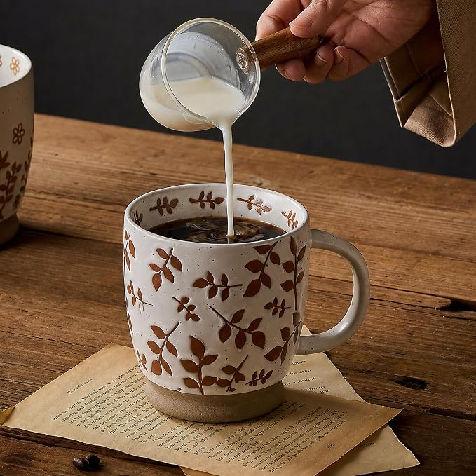 18 Oz Large Ceramic Coffee Mug Set of 2 - Rustic Handmade Floral Mugs with Handle, Microwave Safe for Latte Espresso Cappuccino Tea Cocoa Milk, Modern Unique Big Cups for Kitchen Women(Caramel Brown) - Image 3