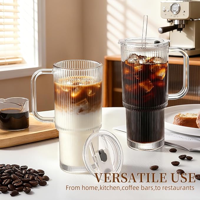 Iced Coffee Cups with Lids 2Pcs: Ribbed Glass Tumbler with Straw and Lid 24oz - Coffee Bar Accessories - Glass Cups and Tumblers with Lids and Straws - Tumbler Leak Proof - Coffee Tumbler with Handle - Image 5
