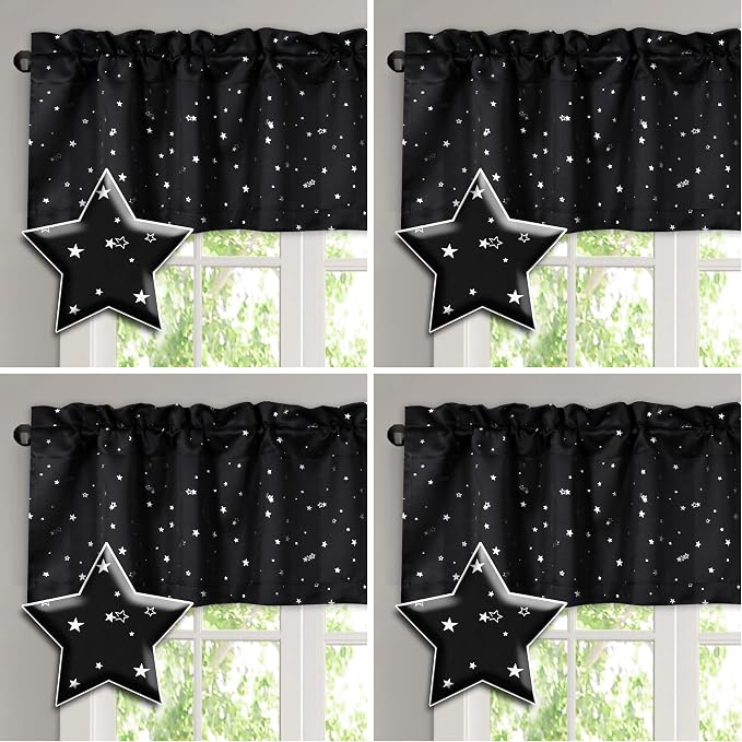 H.VERSAILTEX Blackout Curtain Valances for Kitchen Window/Living Room/Bathroom Privacy Added Rod Pocket Home Decoration Winow Valance, 52" W x 18" L, Glitter Stars in Black Base (Pack of 4) by HVERSAILTEX