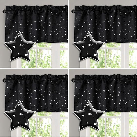 H.VERSAILTEX Blackout Curtain Valances for Kitchen Window/Living Room/Bathroom Privacy Added Rod Pocket Home Decoration Winow Valance, 52" W x 18" L, Glitter Stars in Black Base (Pack of 4) by HVERSAILTEX