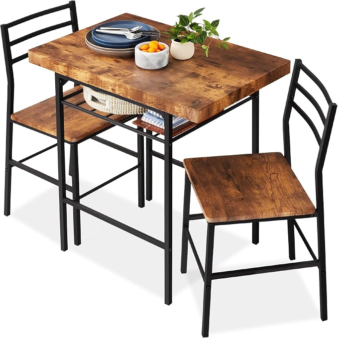 Best Choice Products 3-Piece Modern Dining Set, Space Saving Dinette for Kitchen, Dining Room, Small Space w/Steel Frame, Built-in Storage Rack - Medium Brown/Black by Unknown