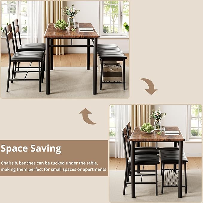 IRONCK Dining Table Set for 4, Kitchen Table and Chairs Set, Rustic Brown | Kitchen Table with Upholstered Bench and 2 Chairs for Small Space, Apartment - Image 6