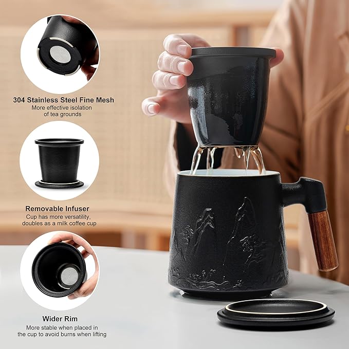 suyika Ceramic Tea Cup with Infuser and Lid, Gradient Embossed Large Tea Mug Wooden Handle for Steeping Loose Leaf, Tea Lover Gifts 15.2 oz / 450 ml,Matte Black - Image 2