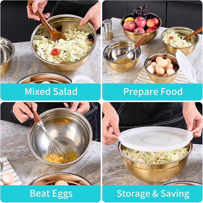 4 Piece Gold Mixing Bowls With Lids for Kitchen, Stainless Steel Set Ideal for Baking, Prepping, Cooking and Serving Food, Nesting Metal Bowls for Space Saving Storage - Image 4