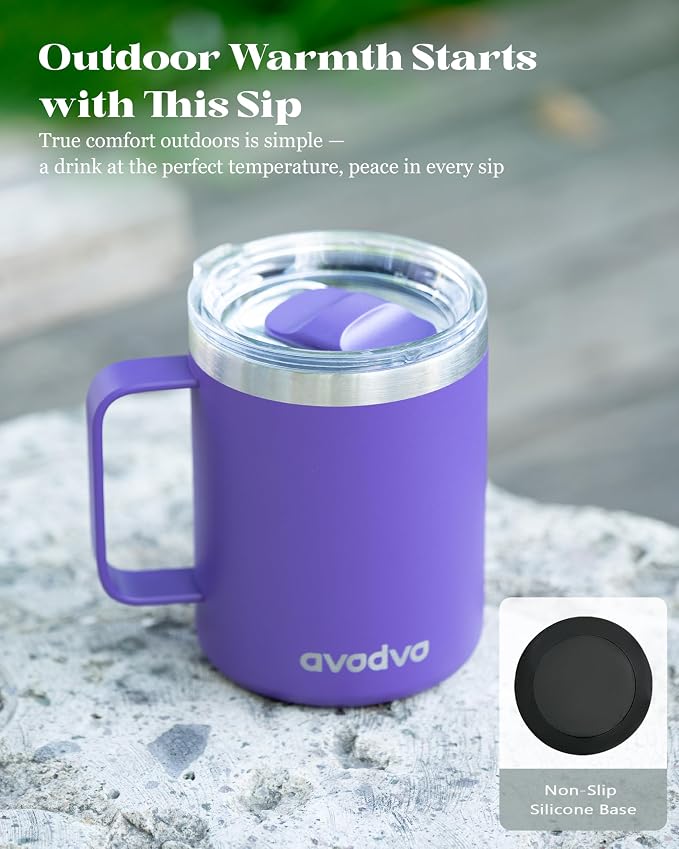 12oz Insulated Coffee Mug with Lid – Includes Two Lids, Stainless Steel Coffee Travel Mug with Handle, Double Wall Vacuum Insulated Camping Mug for Home, Office & Outdoor, Dark Purple - Image 6