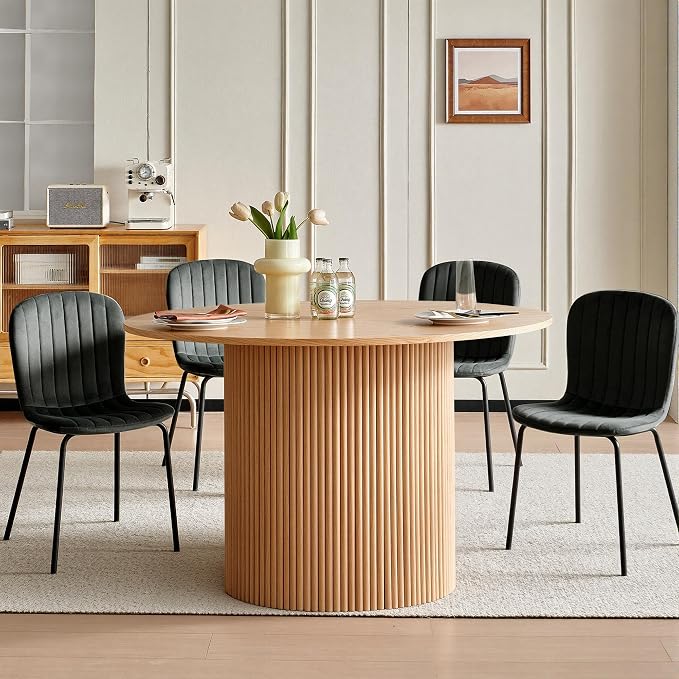 5 Piece Round Dining Table Set for 4, Mid Century Modern Wooden Kitchen Table and Chairs, Space-Saving Small Dinette Set (47 Inch Oak Table+4 Black Chairs) - Image 2