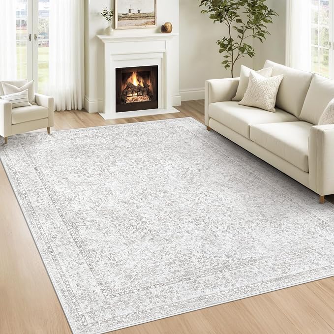 6x9 Area Rugs for Living Room: Washable Vintage Floral Rug Low Pile Non-Slip Boho Carpet for Nursery Bedroom Dining Room (Floral Grey, 6'x9') by LOSBULAKE