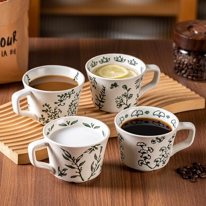Ceramic Mugs 11 oz Set of 4, Unique Luxurious Stoneware Cups for Coffee Milk Latte Cappuccino Tea, Office Home Kitchen Use, Dishwasher Microwave Freezer Safe, Mixed Green - Image 2