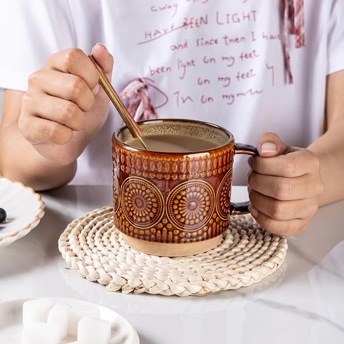 GBhome 12OZ Stackable Coffee Mugs, Ceramic Coffee Mugs with Texture Patterns for Man,Woman,Dad,Mom, Modern Coffee Mugs Set of 4 for Latte/Cappuccino/Cocoa. Dishwasher&Microwave Safe - Image 4