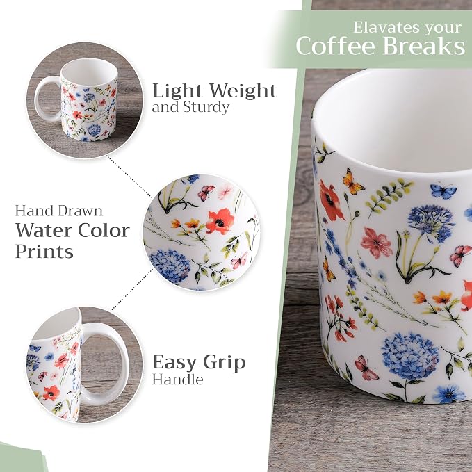 Maison d' Hermine Coffee Mug with Handles Tea Cups (12 Ounce, Pack of 2) | Fine Bone China Coffee Mugs for Hot Beverages Cappuccino Latte Home Restaurant Hotel Spring Summer -Just Floral - Image 5