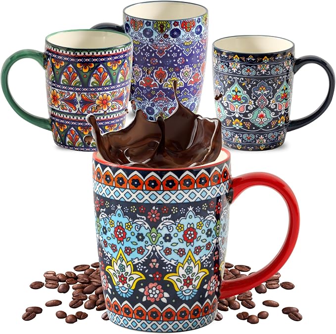 HASENSE Coffee Mugs, 15 OZ Coffee Cups Ceramic Set of 4 with Handle and Bohemian Style for Man Woman, Vintage Stoneware Porcelain Coffee Cups Set for Tea, Cocoa, Milk, Latte and Cappuccino - Multi by Hasense
