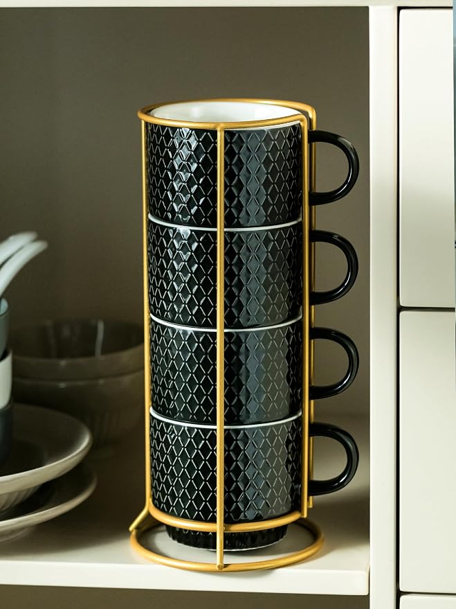 LYEOBOH Stackable Coffee Mugs Set of 4 with Rack & Spoons Coffee Mug Set 13 OZ., Ceramic Embossed Grinding Demitasse Cups Set Cappuccino Cup Halloween for Coffee, Latte, Macchiato, Espresso, Black - Image 9