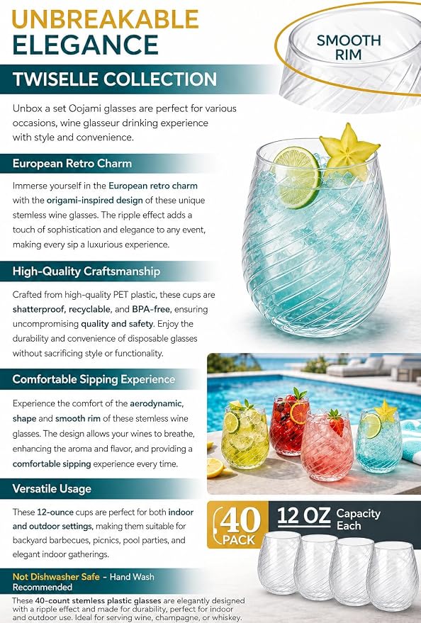 Oojami 40 Pack 12 oz Disposable Wine Glasses Stemless Ribbed Plastic Cups | Shatterproof Unbreakable BPA-Free, Recyclable Reusable Cocktail Champagne Whiskey Wine Cups for Wedding Birthday Party - Image 3