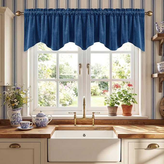 Blue Scalloped Window Valance 52x18 Inch 1 Panel | Premium Kitchen Velvet Window Treatments, Decorative Wavy Short Drapes for Bathroom, Over Sink RV, Rod Pocket by StangH
