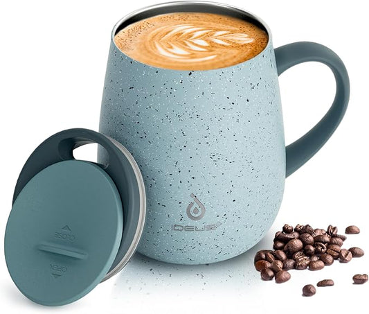 Ideus 16 oz Insulated Coffee Mug with Handle and Lid, Double Wall Stainless Steel Vacuum Thermal Coffee Mug, Travel Coffee Cup Thermal Cup for Home and Office, Eggshell Blue by IDEUS