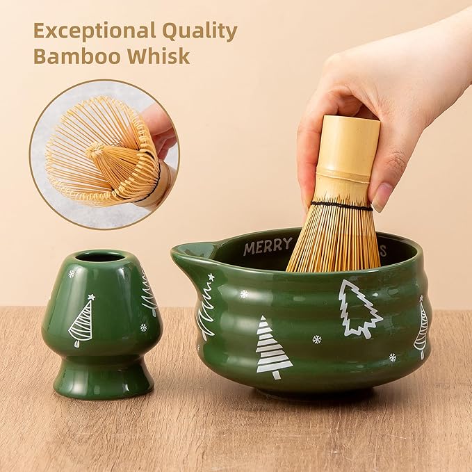 5pcs Premium Matcha Set,Ceramic Bowl with Spout and Bamboo Whisk set, Ceremonical Matcha Kit for holiday,Tea Starter Making Kit,Christmas Matcha Gift set (Christmas Tree)