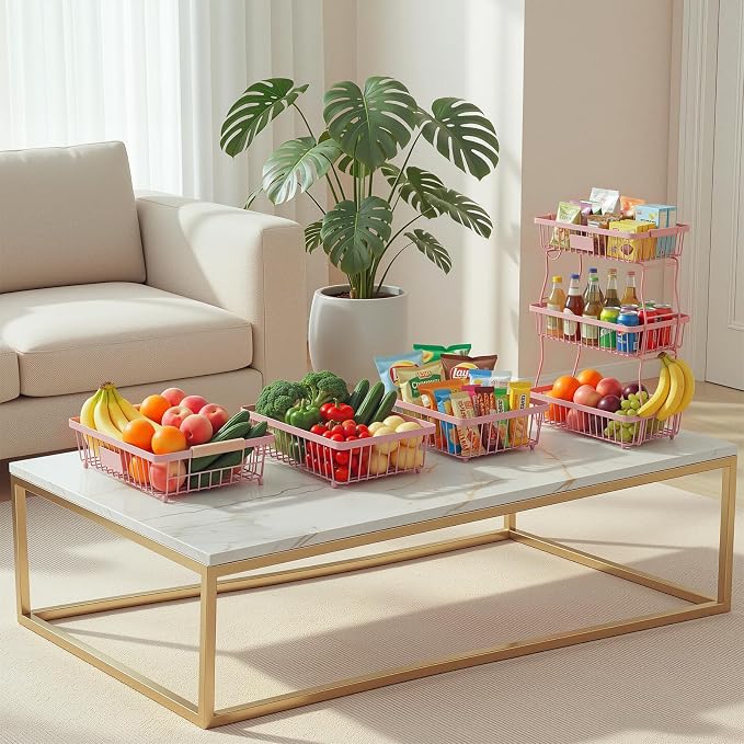 3 Tier Fruit Basket with 2 Banana Hangers, Mesh Basket Fruits Stand Produce Holder Organizer for Onion Potato Bread Snack Veggie Pink - Image 6