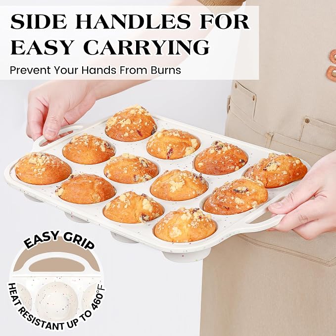 2 Pcs Silicone Muffin Pans for Baking, Cream | Regular 12 Cup and Mini 24 Cup, with Metal Reinforced Frame, Silicone Cupcake Mold, BPA Free - Image 7