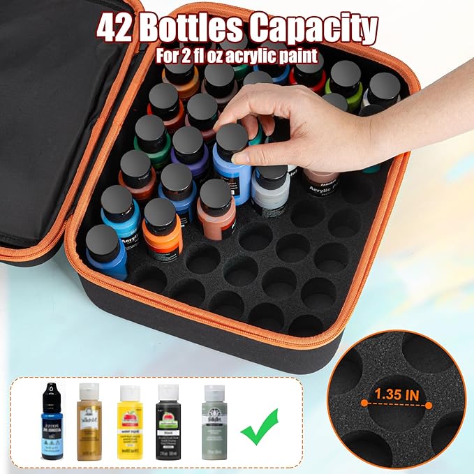 Acrylic Paint Storage Case for 42 Bottles(2 fl oz), Craft Paint Storage Paint Bottle Organizer,Art Supply Storage Hard Paint Box Organizer with Pocket for Paint Brushes,Palette Board & Painting Knives