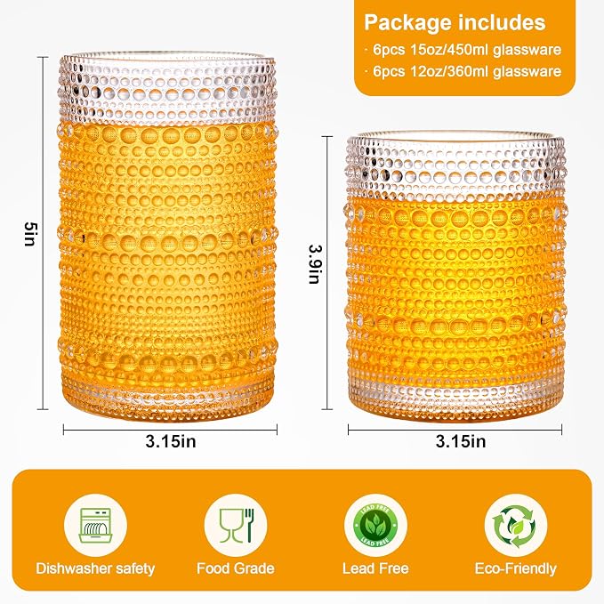 KMIGRUAN Hobnail Drinking Glasses Set of 12, 15Oz & 12Oz Cocktail Glasses | Clear Vintage Highball Glasses, Embossed Beaded Water Tumbler for Juice and Various Mixed Drinks, Kitchen Drinking Glasses - Image 2