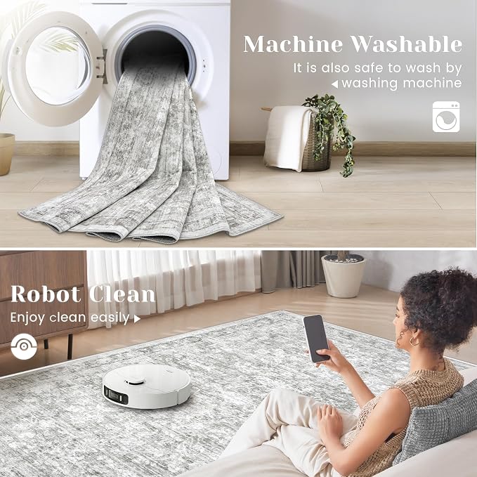 2x8 Hallway Runner Rug: Washable Vintage Floral Entryway Rugs Low Pile Non-Slip Boho Carpet for Kitchen, Bedroom, Bathroom, Dining Room (Grey, 2'x8') - Image 5