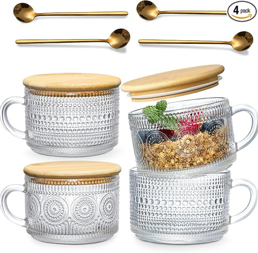 LANDNEOO 4pcs Set Vintage Coffee Mugs gifts for women, Overnight Oats Containers with Bamboo Lids and Spoons - 14oz Clear Embossed Glass Cups, Cute Coffee Bar Accessories, Iced Coffee Glasses by MakeLifeBetterEasier